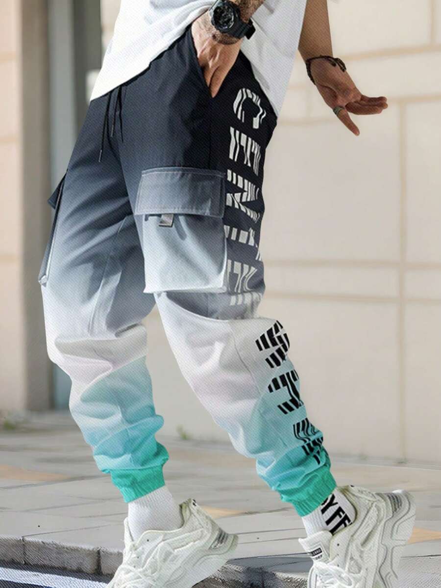 Teen Boy Pants Casual Printed Long Trousers, Contrast Gradient Letter & Gradient Print, Elastic Waist, Everyday Wear, Loose Street Style