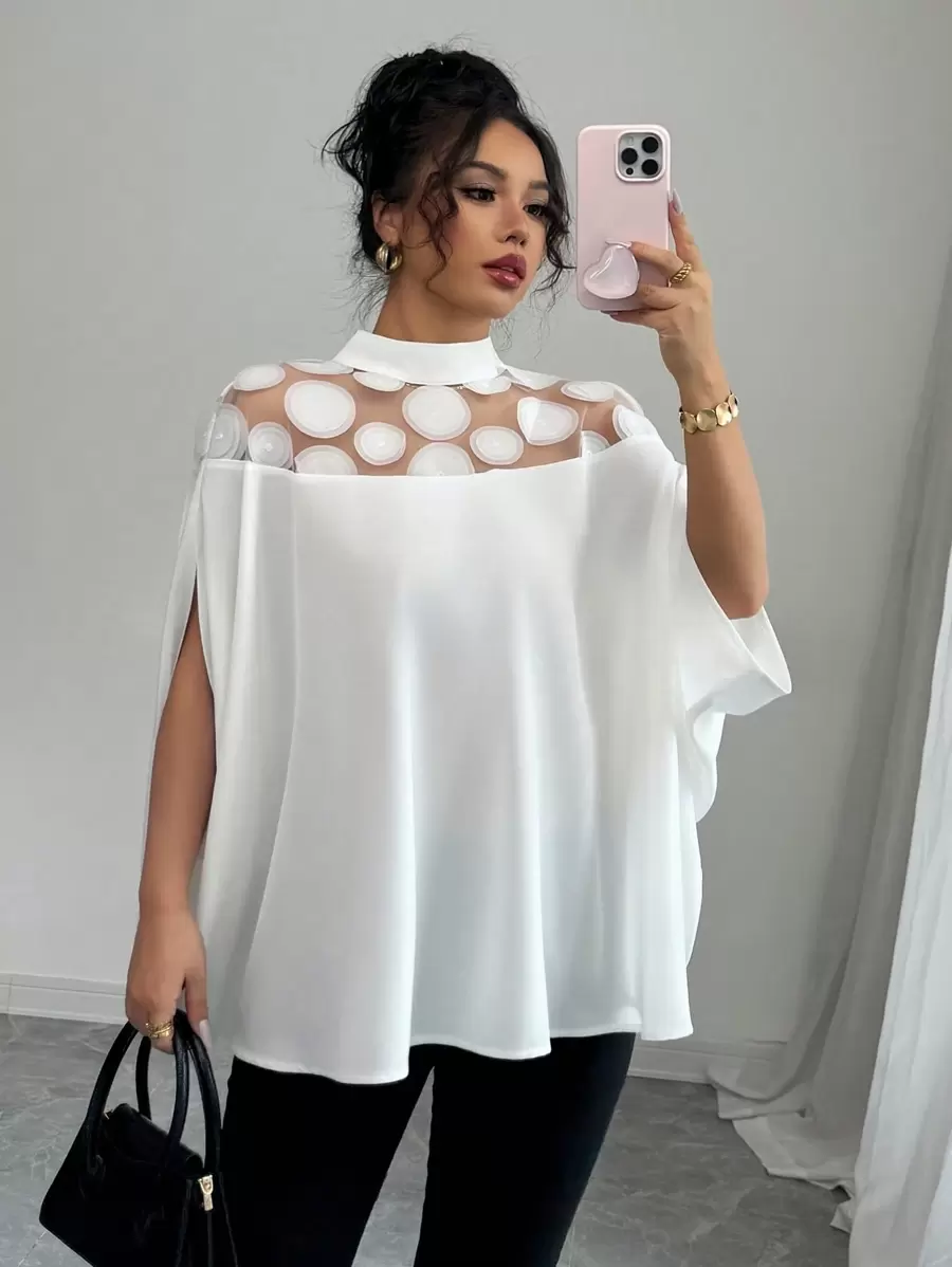 Elenzga Blouse femme mode décontracté à encolure montante, maille et motif splice, avec fente aux manches. Convient pour le printemps, l'été et l'automne