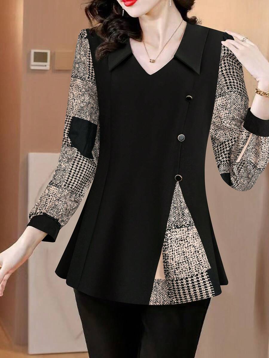 EMERY ROSE Women's Two-Tone Houndstooth Long Sleeve Blouse, Slimming
