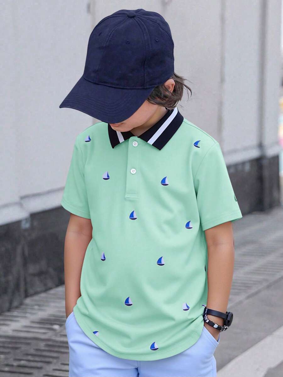 Camisa polo de manga corta con estampado completo informal para niño preadolescente