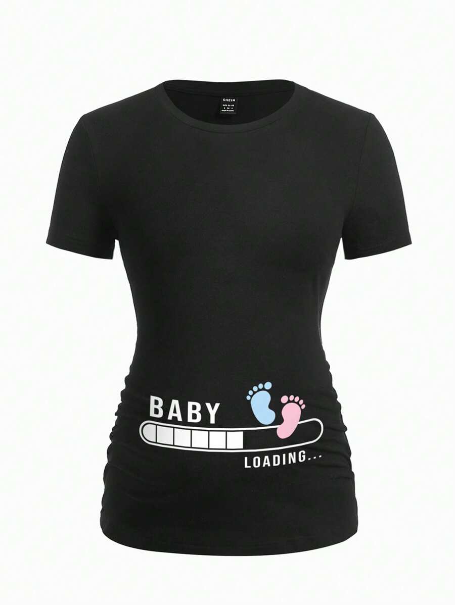 Modmama T-shirt de maternité ajusté à manches courtes avec imprimé lettre et empreinte de pied, mélange de coton