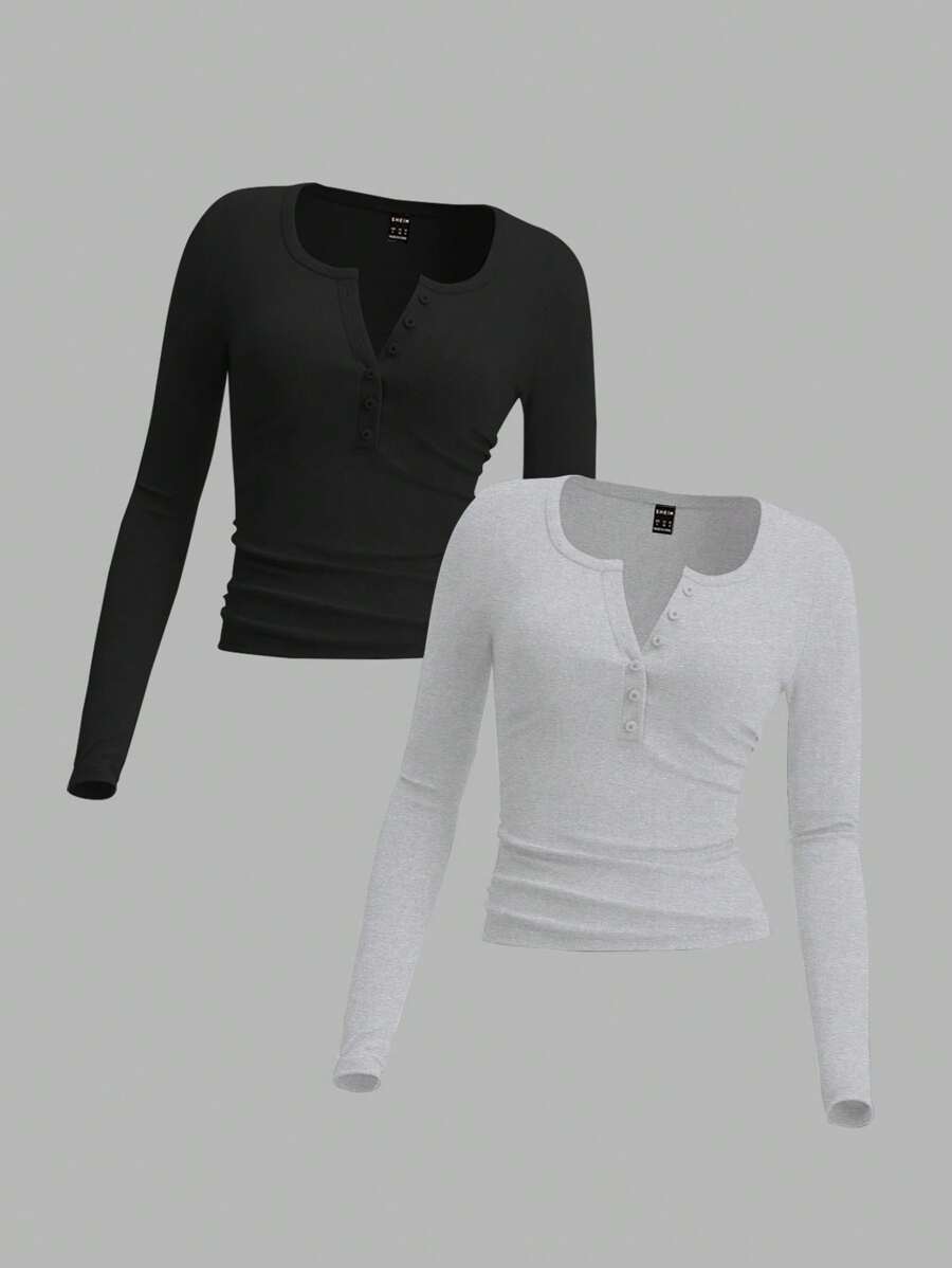 SHEIN EZwear Set de 2 camisetas de punto lisas informales para mujer
