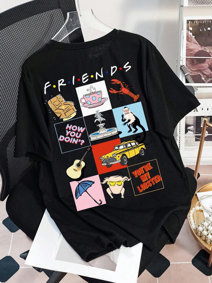 FRIENDS X SHEIN Casual Loose Letter Graphic Black Round Neck Short Sleeve T-Shirt For Women, Comfortable For Summer