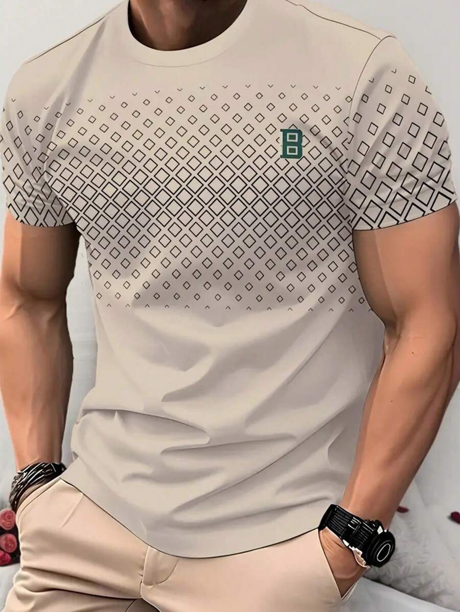 Manfinity Dauomo Men's Casual Round Neck Diamond Check Print Slightly Stretch Knitted Fabric Suitable For All Seasons