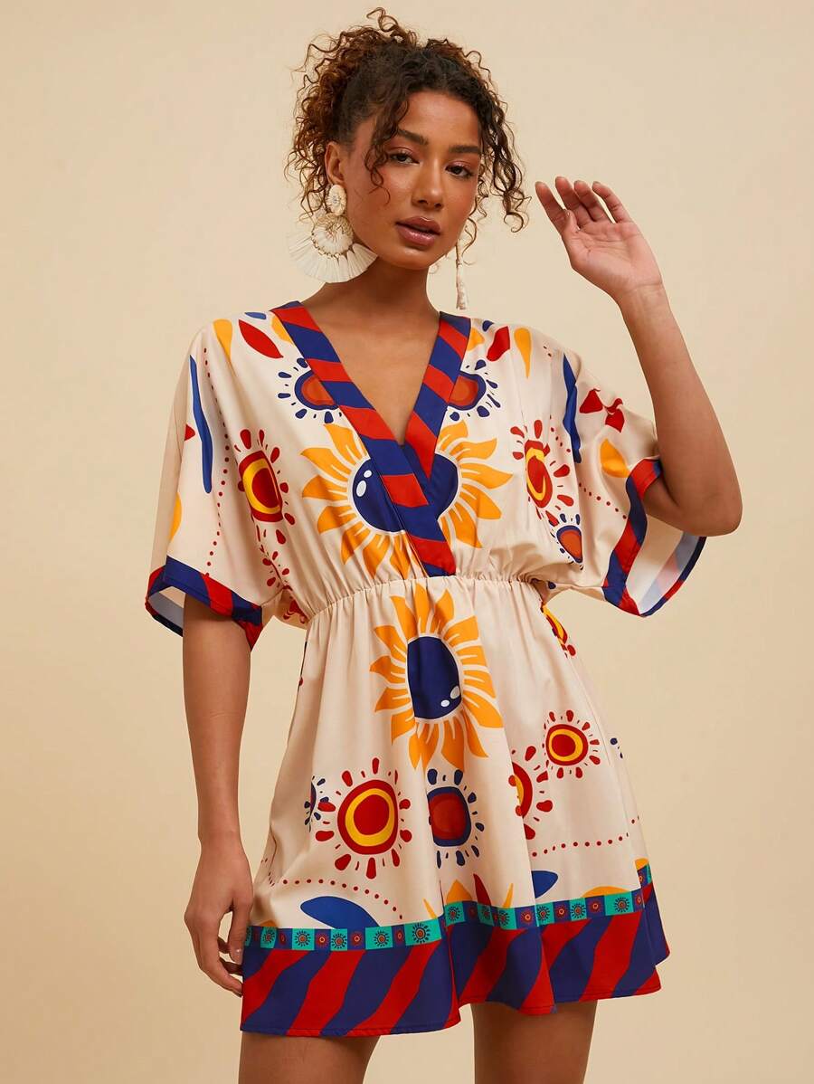 Travachic V-Neck Printed Mini Dress For Women,Summer Outfits For Women,Beachwear,Easter,Beach Outfits For Woman,Spring Break,Vacation Outfits Women,Concert Outfit Women,Rave Outfits Festival,Rave,BOHO,Music Festival,Tropical Vacation Woman Clothes,Baggy,Loose,Oversize