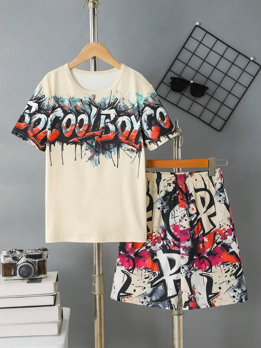 2pcs/Set Older Boys Casual Cool Graffiti Letter Print Comfortable Round Neck Short Sleeve T-Shirt And Shorts Set, Summer