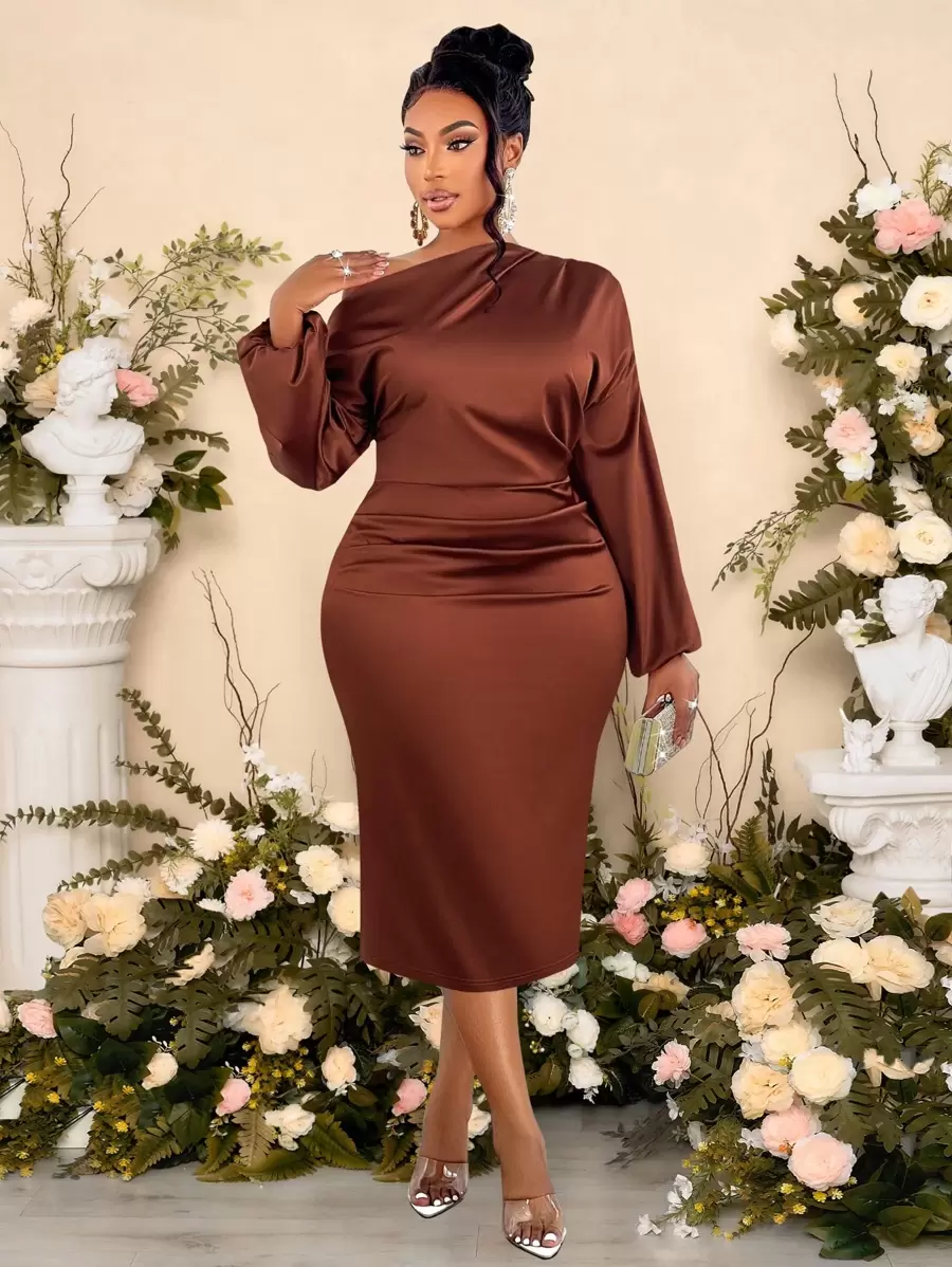 SOLERSUN Women's Fashion Solid Color Asymmetric Neckline Ruched Side Satin Bodycon Dress Maxi Women Outfit