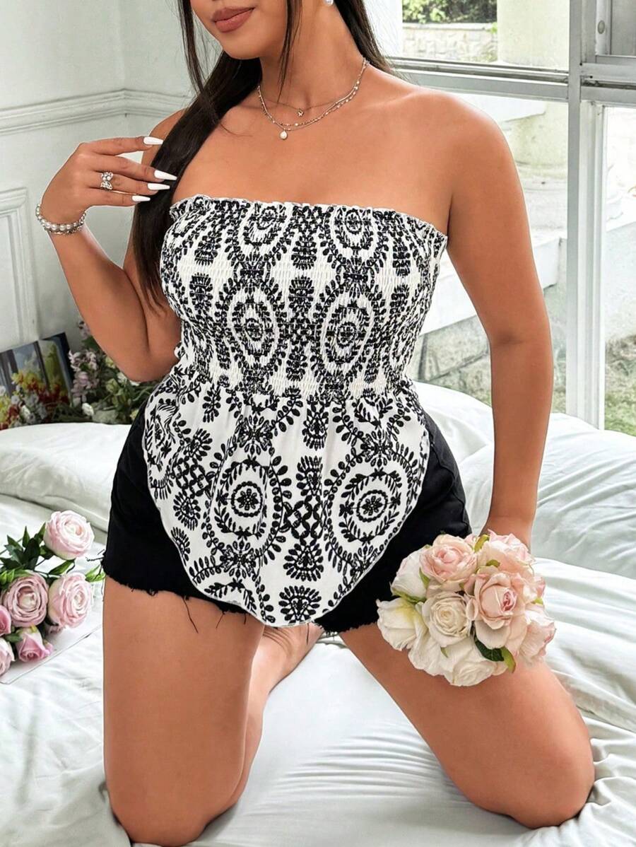 Sunnyshic Plus Size Floral Print Ruffle Hem Cropped Top For Resort Wear