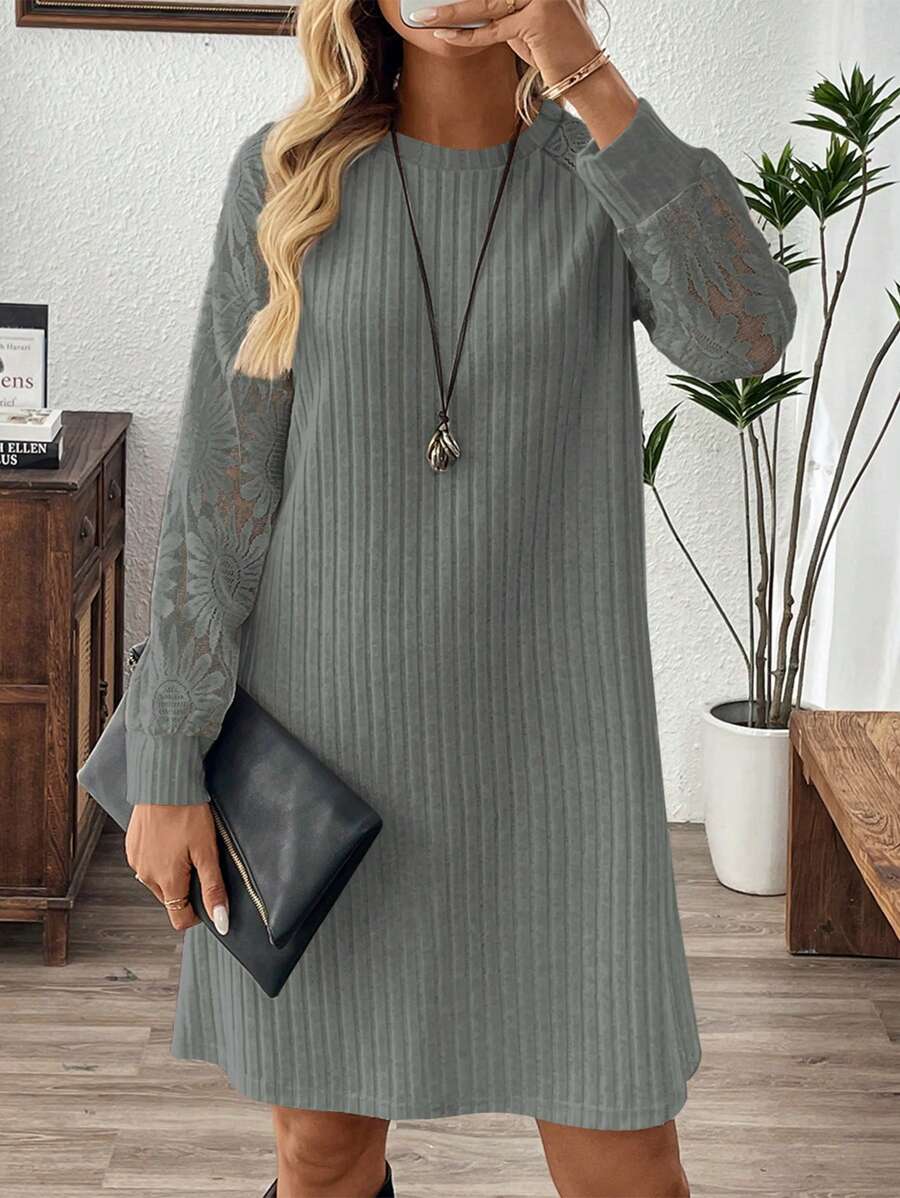 EMERY ROSE Women's Casual Round Neck Long Sleeve Ribbed Mini Mesh Dress
