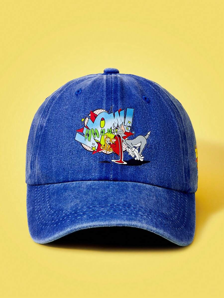 TOM & JERRY X SHEIN Fashionable Casual Washed Cartoon Cat Print Baseball Cap