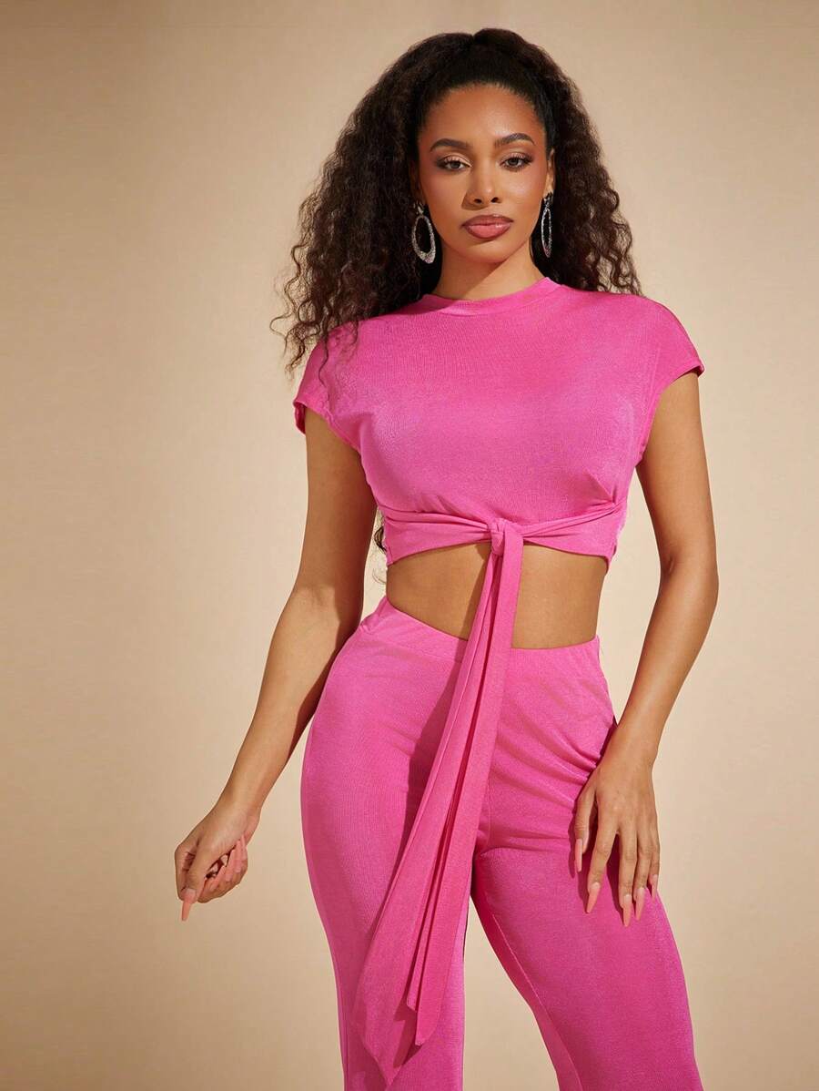 Vixey Slinky Knit Round Neck Short Sleeve Tie Front Crop Top, Summer Tops, Summer Outfits For Women, Spring Outfits For Women, Island Vacation Outfits