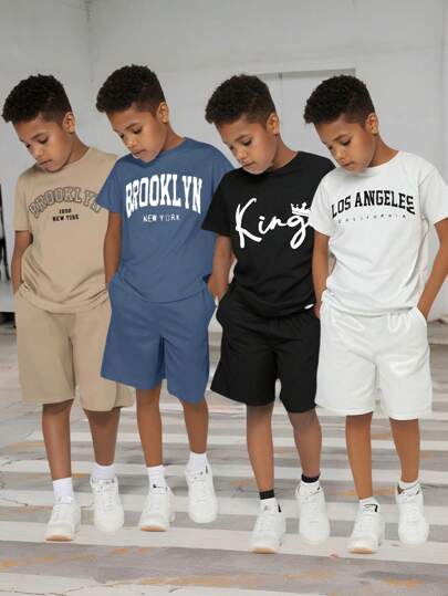 SHEIN 8pcs/Set Tween Boys' Loose Fit Letter Graphic Round Neck T-Shirt And Shorts Set, Casual Outfit For School, Commute, Sports, Spring/Summer