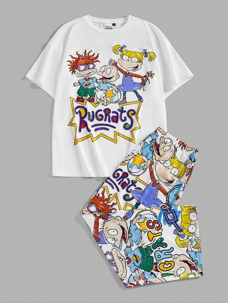 Nick 90s X SHEIN Plus Size Casual Cartoon Graphic Short Sleeve Top And Pants Pajama Set, Summer
