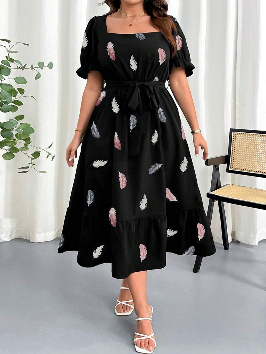 SHEIN Clasi Plus Size Women's Feather Print Elegant Square Neck Elastic Waist Puff Sleeve Dress For Summer
