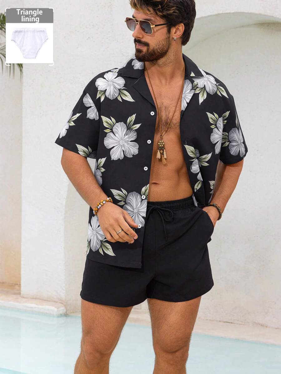 Manfinity Swimmode Men Floral Print Short Sleeve Single Breasted Shirt & Shorts Beach Suit Set Man Swim Trunks