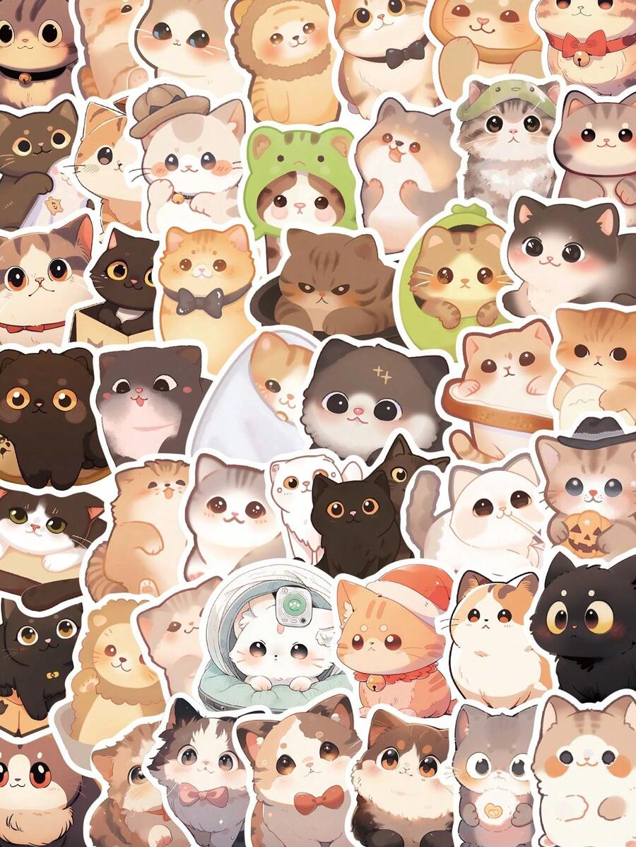 SHEIN 50 Stücke niedliche Katzen mit großen Augen Graffiti wasserfeste Aufkleber für Wasserflaschen Geschenke, Cartoon für Laptop Stoßstange, Wasserflaschen, Computer, Handys Dekorationen
