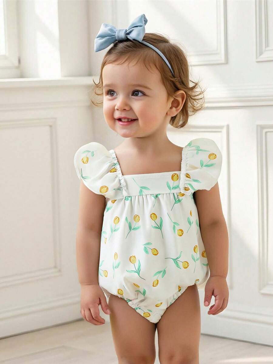 Souflis Souflis Baby Girls Sleeveless Floral Printed Crepe Romper, Summer