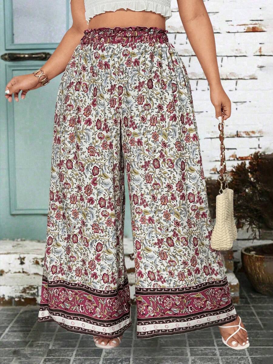 Breezaya Pantalones anchos de vestir informales con estampado floral para mujer de tallas grandes, con cordón en la cintura