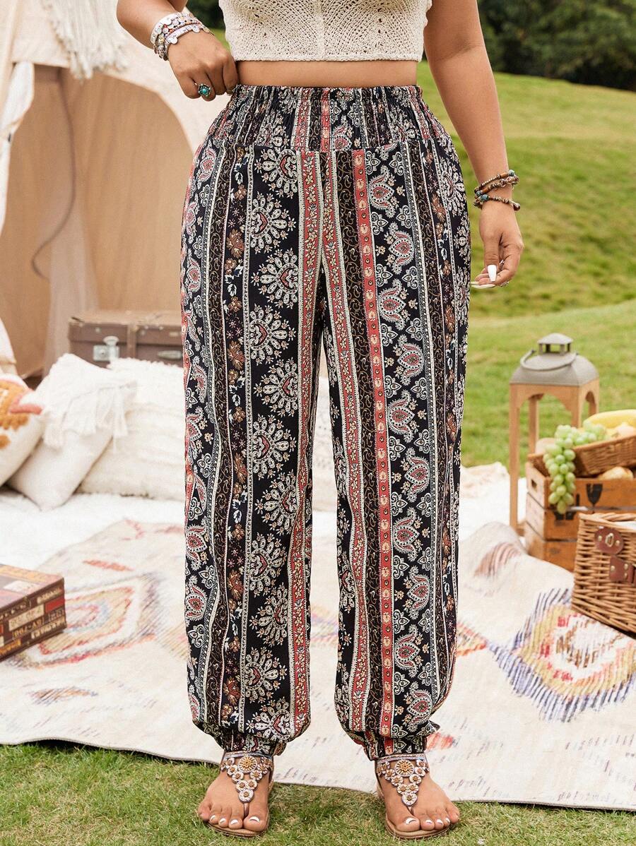 Franclia Plus Size Women's Bohemian Western Style Music Festival Casual Vacation Vintage Harem Pants, Spring/Summer