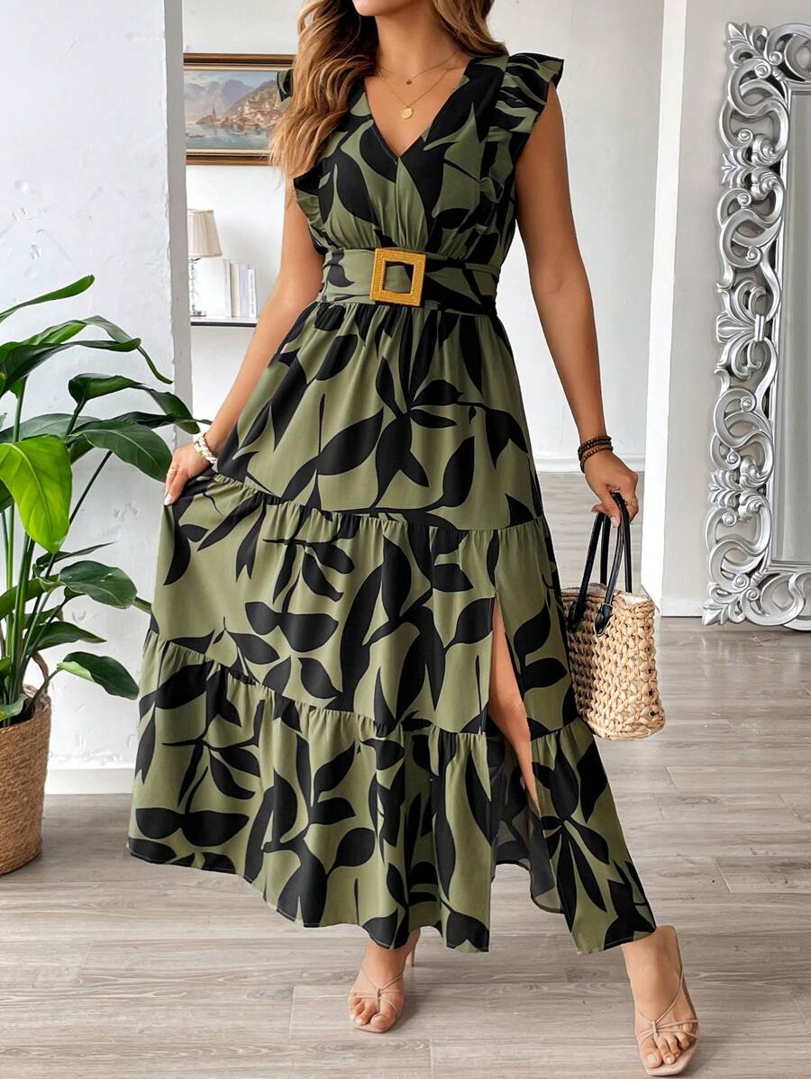 Breezaya Plus Size Women's Elegant French Style Casual/Vacation Beach Long V-Neck Sleeveless Layered A-Line Dress With Wooden Button Decoration, Spring/Summer