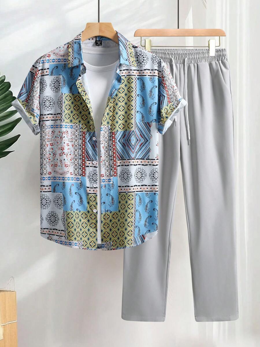 Manfinity RSRT 2 pezzi Completo estivo casual da uomo con camicia a maniche corte con stampa patchwork e pantaloni lunghi monocromatici