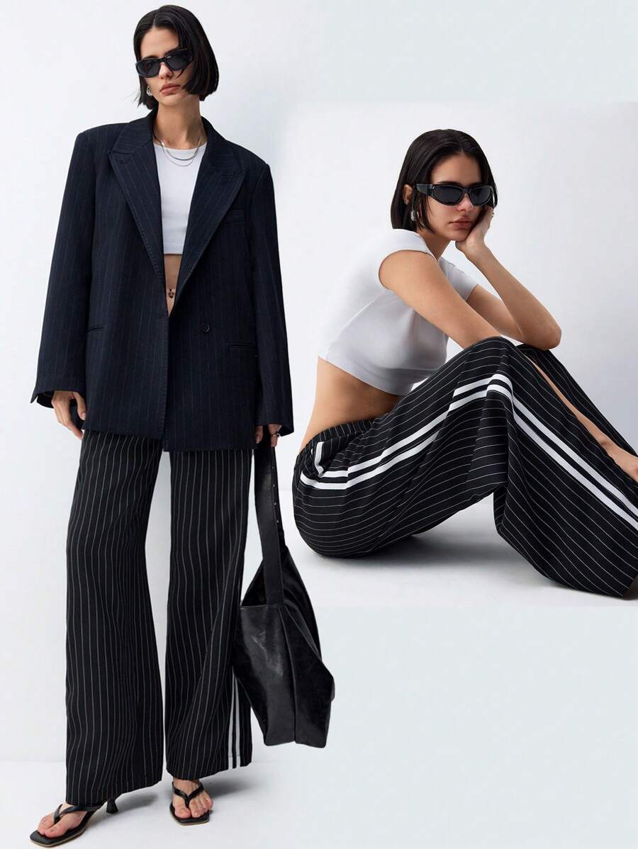 LYSMO Black Pinstripe Side Stripe Detail Drawstring Low Waist Pants