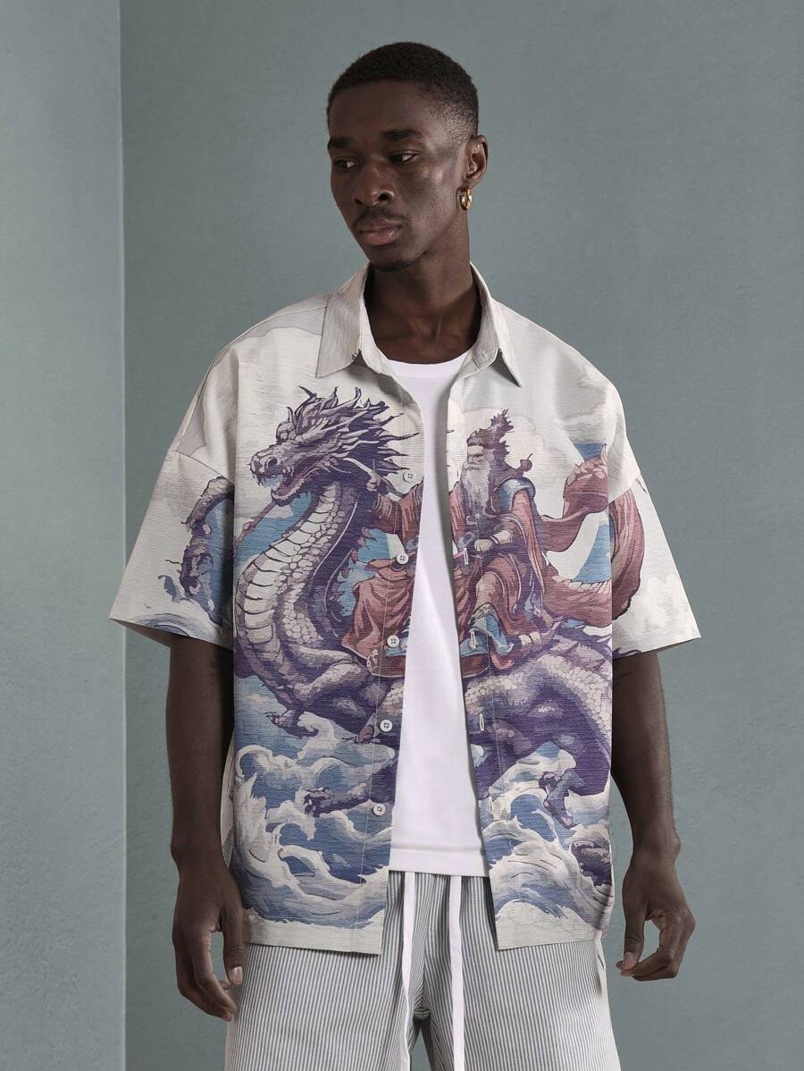 SUMWON Dragon Print Resort Shirt Japanese Art Style Button Down Short Sleeve Casual Summer Beach Shirt Oriental Fantasy Design Streetwear Festival Shirt