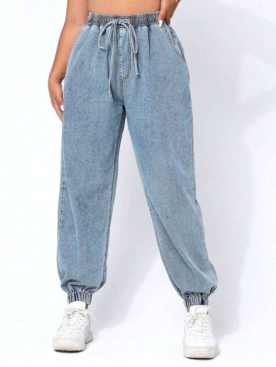 SHEIN EZwear Jeans décontractés pour femmes grandes tailles avec ceinture à nouer, poches et cordon de serrage, longueur cheville
