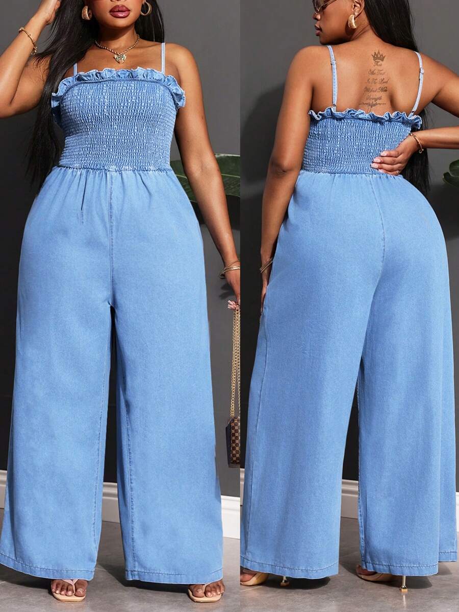 Slaydiva Jumpsuit aus blauem Denim in Große Größen mit sexy Trägern und weitem Bein