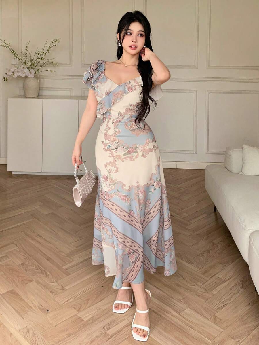 DAZY Abito estivo in chiffon da donna con scollo quadrato, vita, stampa retrò e maniche corte, con volant e decorazione floreale