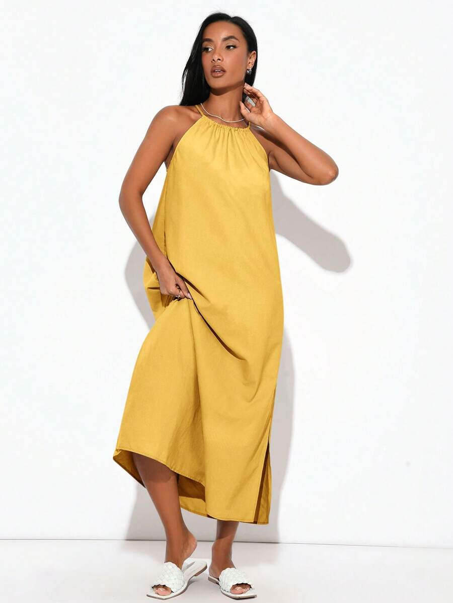 SHEIN BASICS Robe à col ras-du-cou fendue sur le côté en tissu tressé pour femmes