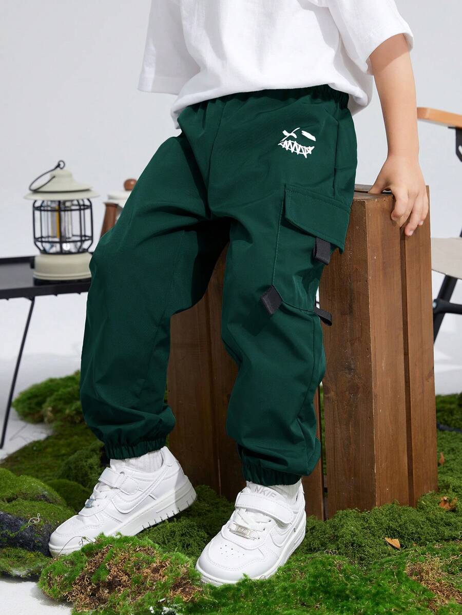 SHEIN Kids/Tween Boys' Casual Graphic Print Pocket Loose Jogger Pants, Suitable For Commuting, School, Daily, Vacation, Sports, Spring/Summer/Autumn/Winter