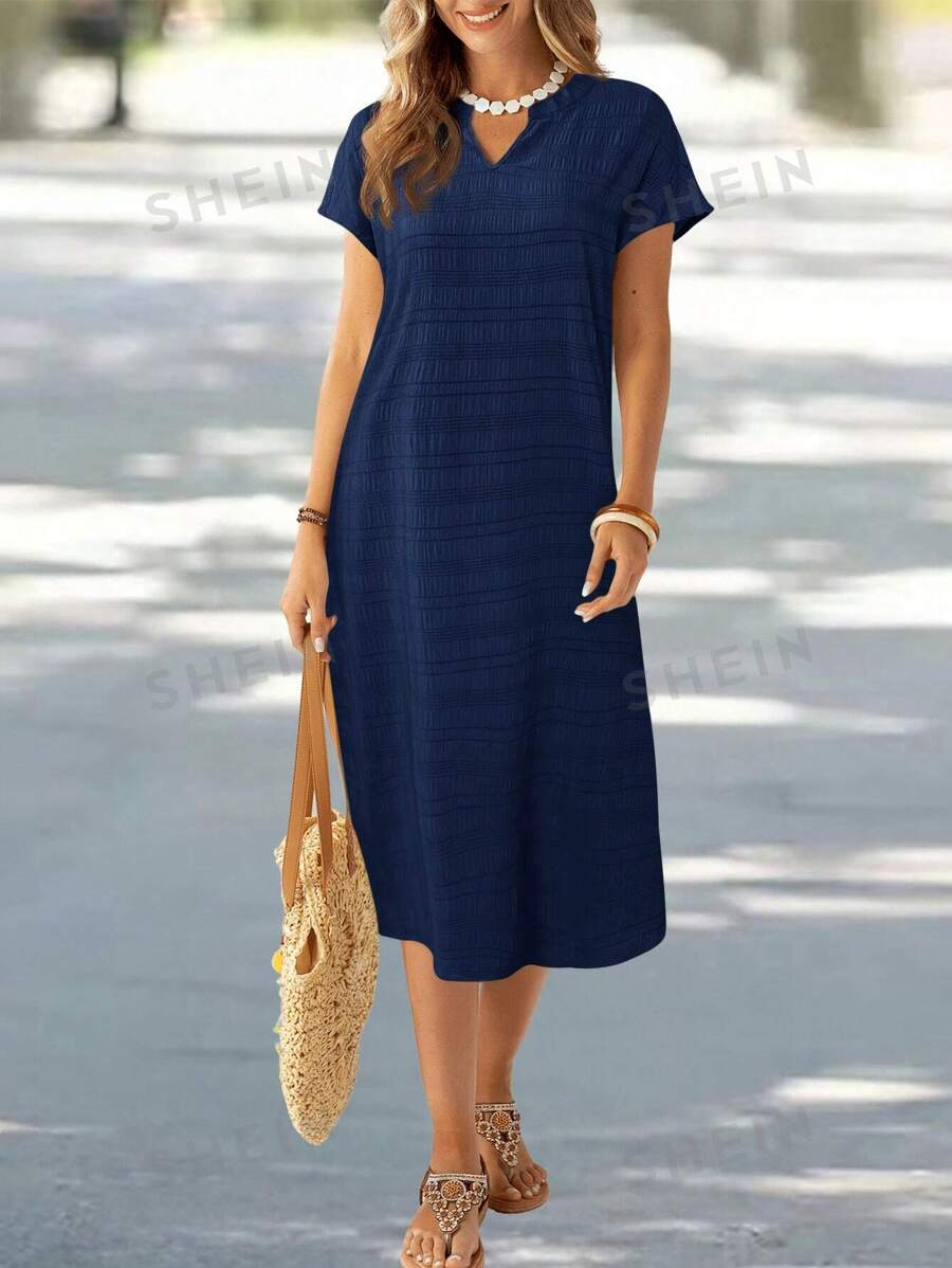 EMERY ROSE Vestido casual de longitud media de cuello en V a rayas de manga corta y recto para mujer