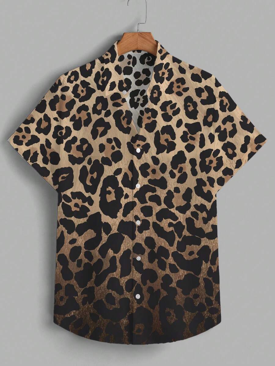 Manfinity VCAY Men's Casual Woven Leopard Print Ombre Pattern Straight Shoulder Mandarin Collar Short Sleeve Shirt