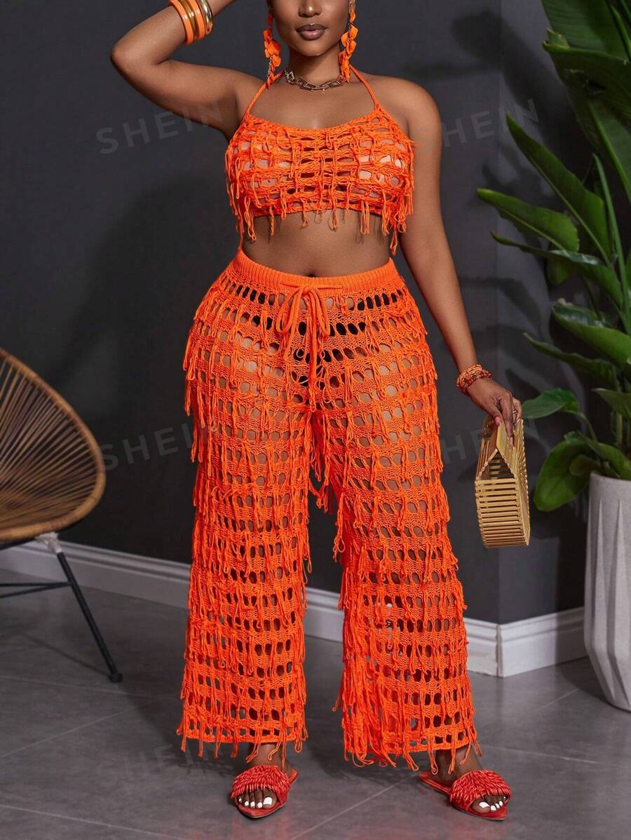 Slaydiva Conjunto de 2 piezas de punto con flecos en talla grande, sexy, para vacaciones de verano