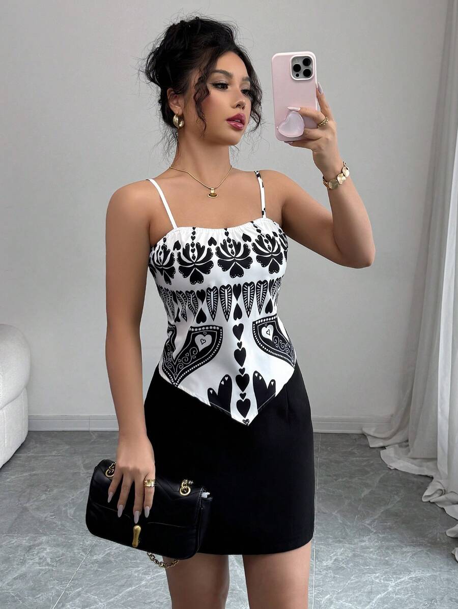 Elenzga Women's Casual Elegant Allover Print Tie Knot Cami Top, Spring & Summer