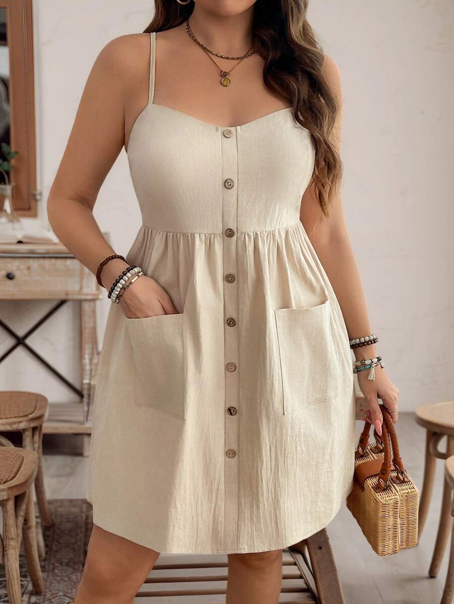 SHEIN LUNE Vestido midi con tirantes y bolsillos, de algodón puro y de uso diario casual para tallas grandes en verano