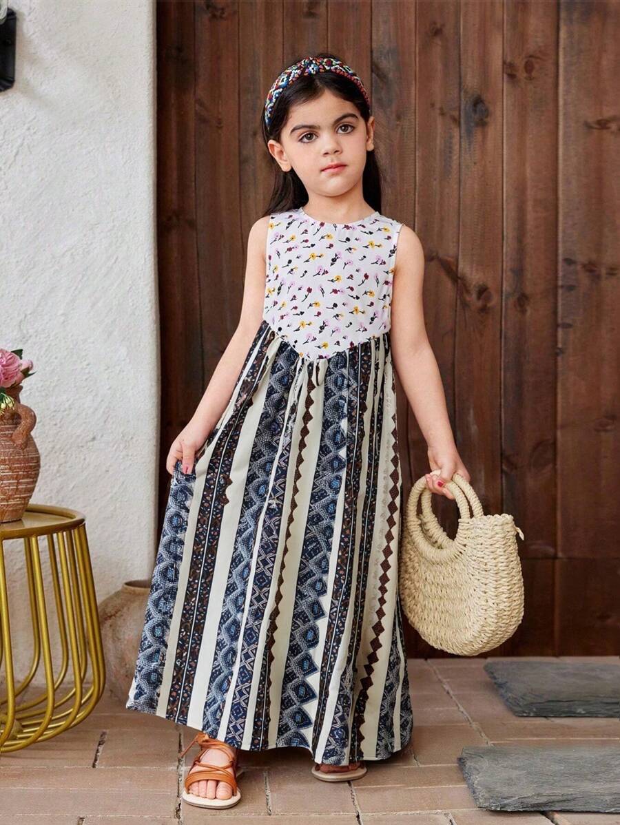 SHEIN Vestido casual ajustado de niña joven con cuello redondo sin mangas y bloques de color tejidos