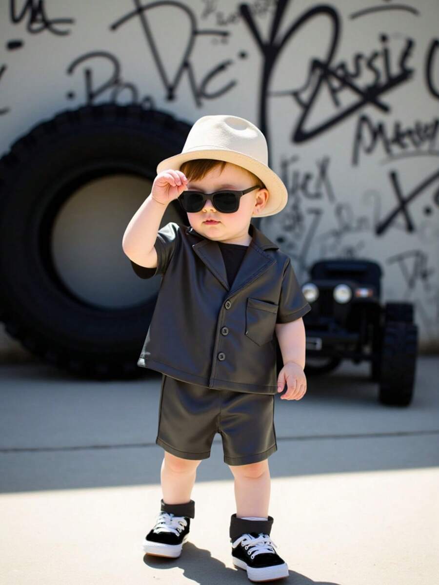 2pcs/Set Baby Boy Leather Jacket & Shorts Set, Combines The Cool Look Of Leather With The Comfort Of Short Sleeve Top And Soft Leather Shorts, Suitable For Warm Seasons Or Themed Parties, Easy To Clean