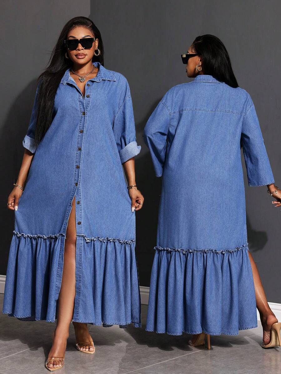 SHEIN Lady Plus Size Damska Sukienka Jeansowa Długi Rękaw Luźna Niebieska Sukienka Koszulowa Sukienka Z Rozcięciem z Boku Sukienka Z Falbanką Sukienka Plus Długość Stroje Letnie Dla Kobiet Stroje Wakacyjne Damskie Romantyczne Sukienki Letnie Sukienki Dla Kobiet Sukienki Wiosenne Dla Kobiet Stroje Cowgirl Dla Kobiet Stroje Boho Rave Festiwal