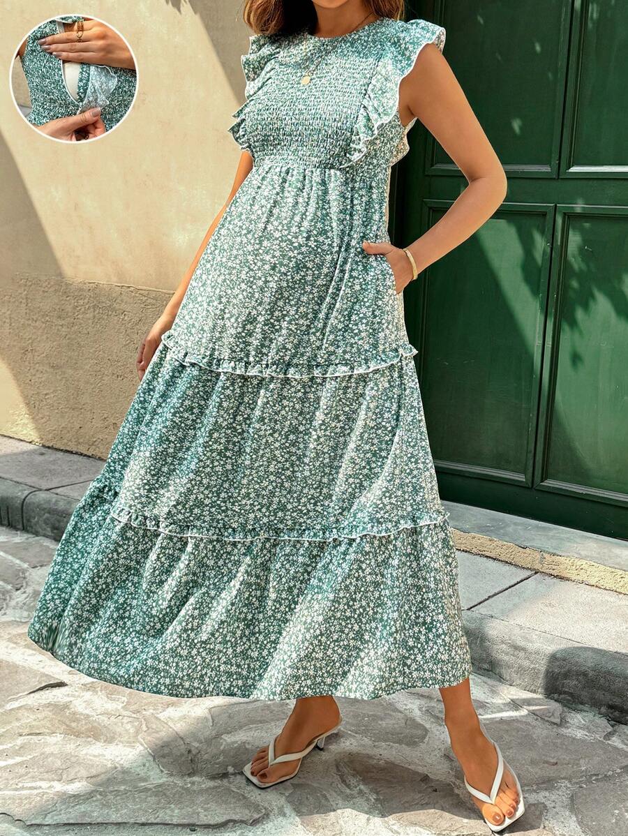 SHEIN Vestido largo de enfermería con volantes y estampado floral de margaritas para embarazadas