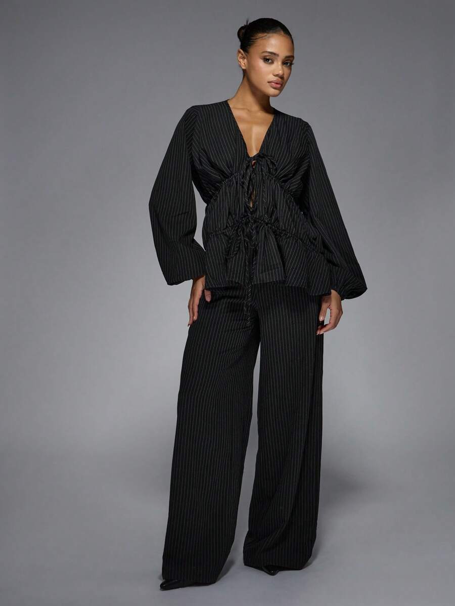MISSGUIDED Designer Pinstripe Coordinated Set Long Sleeve Ruched Front Blouse Wide Leg Pants Business Office Professional Fall Winter Workwear Suit