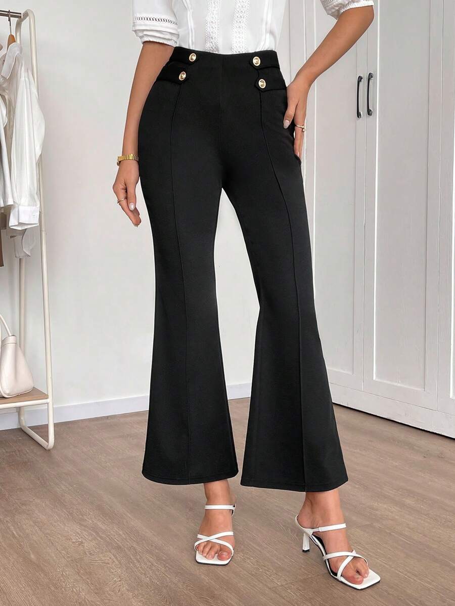 EMERY ROSE Pantalones ajustados con campana y botones de metal para mujer, pantalones formales y de negocios a la moda