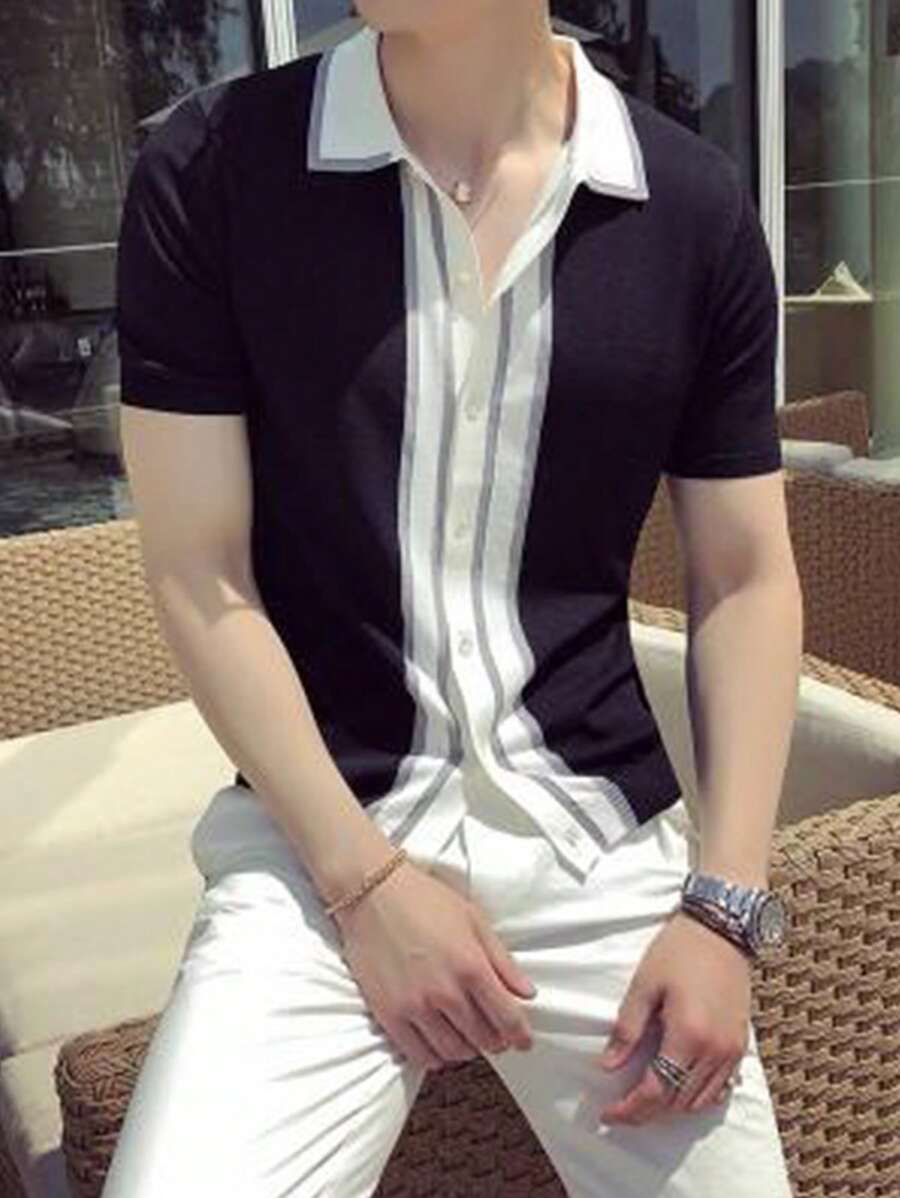 Manfinity Hypemode Men's Casual Color Blocking Short Sleeve Cardigan Relaxed Fit T Shirt For Men