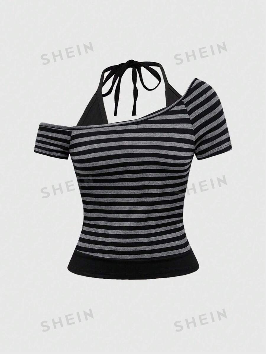 ROMWE Grunge Punk Conjunto de 2 piezas con estilo Y2K sexy para mujer - Blusa con tirantes finos, a rayas, de colores contrastantes, con nudo y espalda descubierta