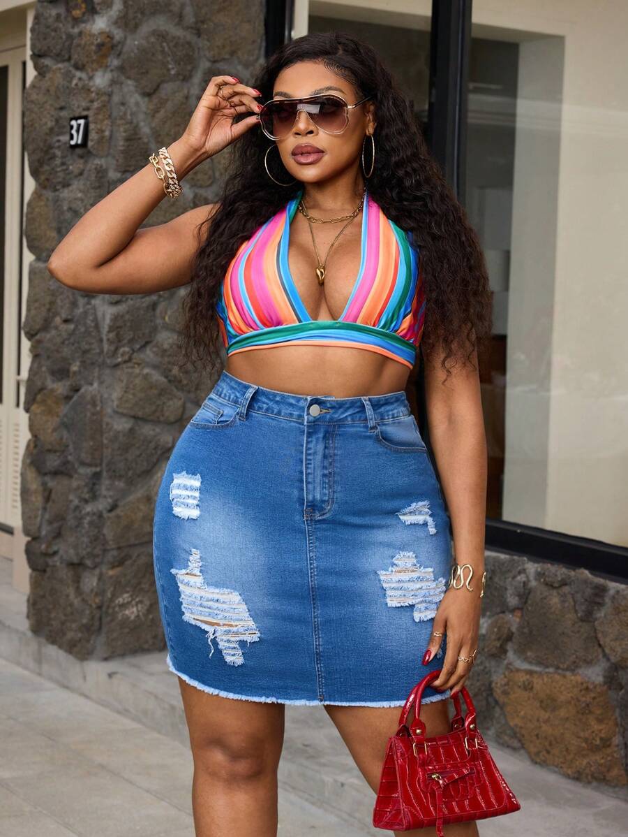 SHEIN SXY Plus Size Women High Waist Denim Elastic Sexy Ripped Skirt