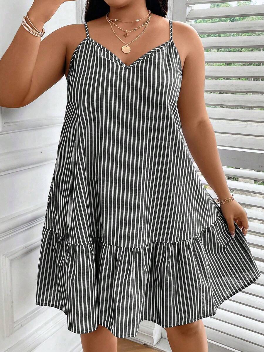 Calvaya Robe camisole à rayures et volants pour femmes grandes tailles