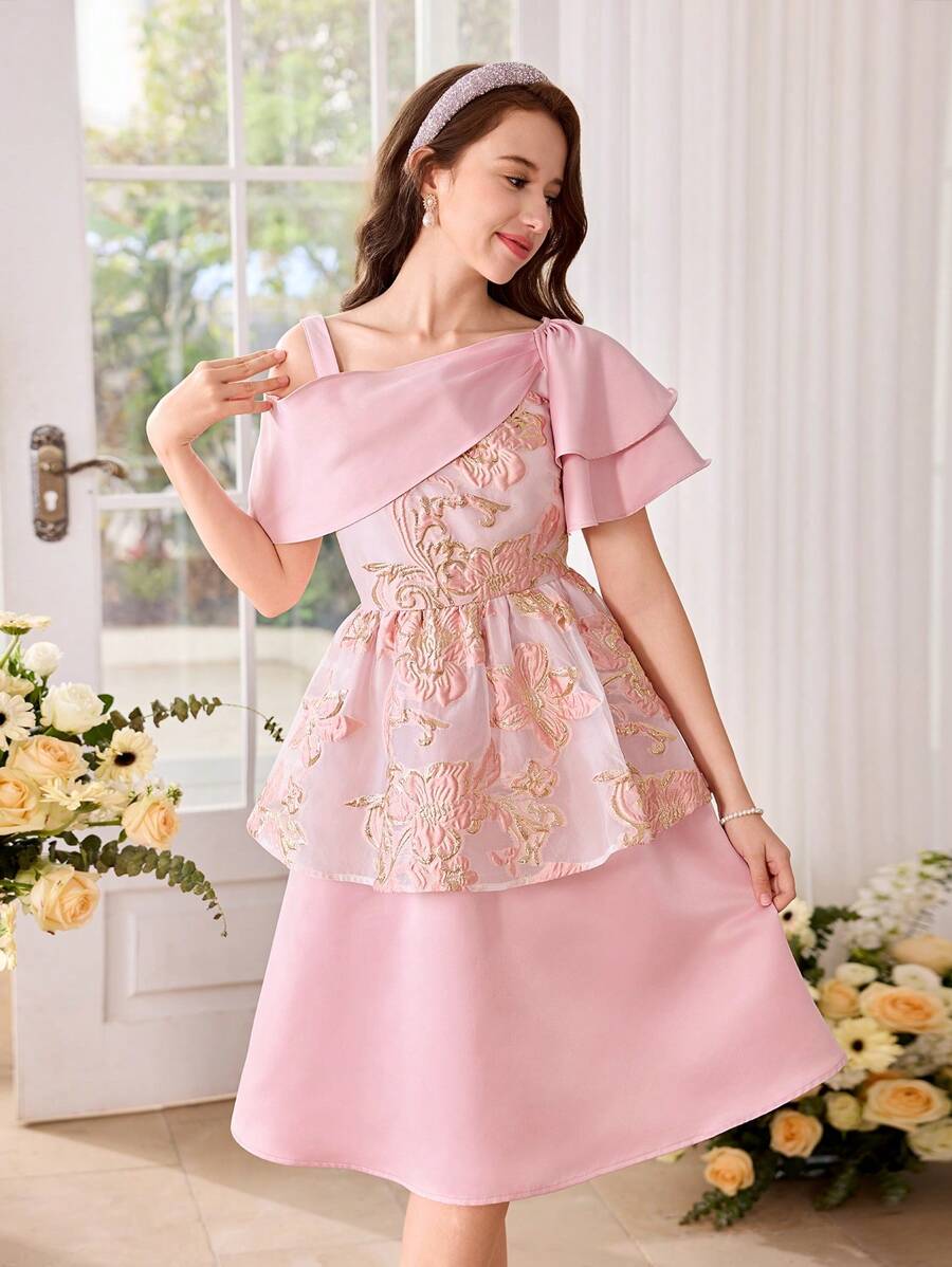 SHEIN Teen Girl Roz Minunat Guler Asimetric Decor Rochie din Satin Rochie de petrecere Curtea
