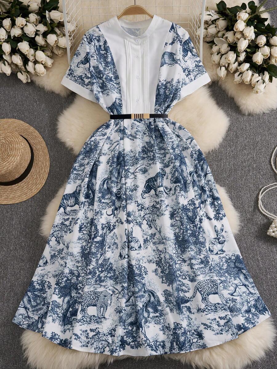 SHEIN Clasi Women's A-Line Print Waist Cinching Elegant Vacation Casual Short Sleeve Dress