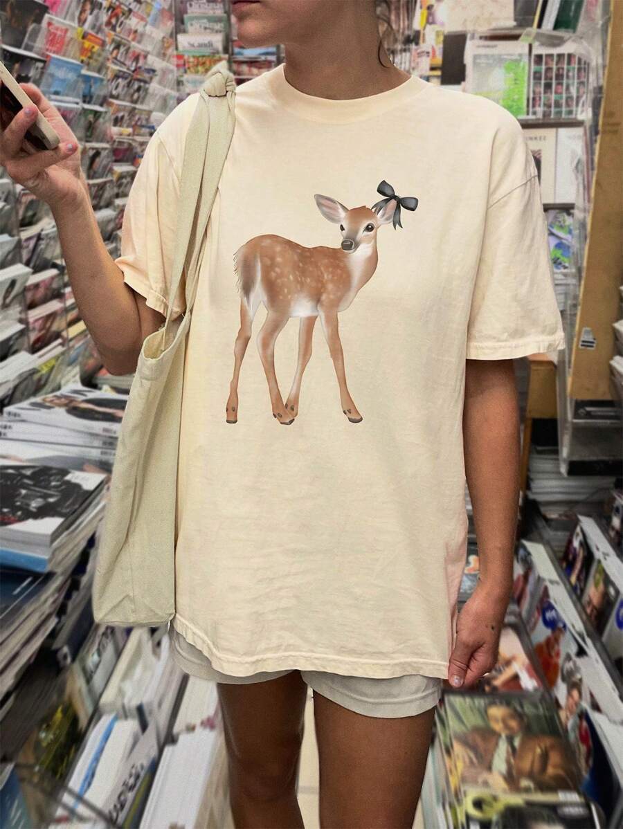 SHEIN Oversized dames T-shirt met ronde hals en lange raglanmouwen en hertenprintontwerp
